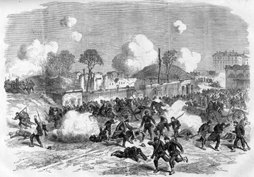 Pařížská komuna v roce 1871. Obrana Porte Maillot ze strany federací (komunardů).