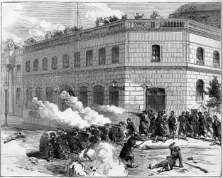 La Commune de Paris v roce 1871. Obrana Elysejského paláce Federes (Communardy).