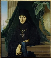 La mere superieure Maria (Margarita Tuchkova) (Matka představená Maria (Tuchkova). Higoumene (hegoumene) z pravoslavného kláštera Spaso Borodinsky, v roce 1812, během invaze do Napoleonova Grande Armee (1769-1821). Anonymní obraz, olej na plátně , vers
