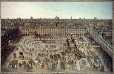 "Roman des chevaliers de la gloire", velký kolotoč, který se konal od 5. do 7. dubna 1612 na oslavu svatby Ludvíka XIII. s Annou Rakouskou, Place Royale, asi 1612 (olej na plátně)