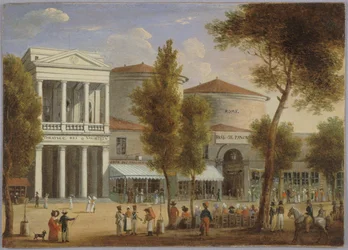 Le théâtre des Variétés et le passage des Panoramas, boulevard Montmartre, asi 1825, asi 1825 (olej na kartě)