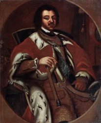 Ruský císař Petr I. (Veliký) (1672-1725) na trůnu (na trůn nastoupil císař Petr I.). Anonymní malování. Olej na plátně, počátek 18. století. Státní muzeum umění, Yaroslav (Rusko).