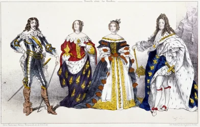Les Bourbons: Ludvík XIII. (1601-1643) a Anna Rakouská (1601-1666), Marie Terezie Rakouská (nebo Španělská) (1638-1683) a Ludvík XIV. (1638-1715) - Talíř extrahovaný od králů a královen Francie v tisku, Paris, ed. Rychlý