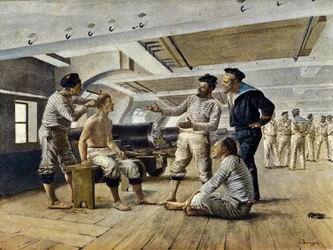 Život na palubě francouzské válečné lodi: lodní holič oholí námořníky, kolem roku 1800