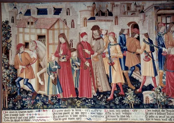 Life of Saint Quentin: Miracle of Saint Quentin (Legende Doree). Gobelín svatého Quentina (fragment zleva), kolem roku 1480. Muzeum Louvre, Paříž