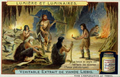 Světlo a svítidla: hliněná lampa obyvatel jeskyní v prehistorických dobách. Ilustrace na Liebigových embalezích.