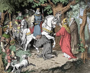 Liudolf (Liudolf, vévoda ze Švábska) (930-957) prosí o odpuštění svého otce Ottona I. ze Svaté říše (Otto I., císař Svaté říše římské)