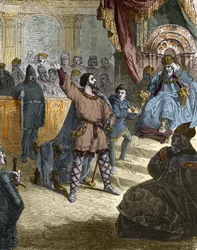Ludvík IV. Zámořský (zámoří, zámoří) (921 - 954), král Francie na koncilu (synodu) v Ingelheimu v Německu v roce 948 před Otou I. ze Svaté říše (912-973). Rytina v „“ Histoire De France En Cent Paintings od Paula Lehugeura „“ 1891.