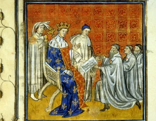Ludvík X. (1289 - 1316) uděluje Židům v království listinu - Vykoupení Židy v roce 1315 o jejich právu na návrat do francouzského království po vyhnání roku 1308 Filipem Belem. Jsou identifikovatelné podle bílého a červeného kolečka. Illumina