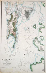 Mapa Bombaje s přístavem a přilehlou krajinou, zobrazeno také Arabské moře a Perský záliv, asi 1855 (tuš, akvarel)