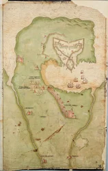 Mapa Smerwicku v Irsku, na které je zobrazen anglický zemní val se dvěma děly pro útok na španělskou pevnost a angličtí vojáci pochodující z Castell More
