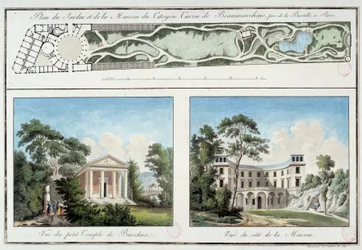 Mapa zahrady a domu francouzského spisovatele a dramatika Pierra Augustina Carona de Beaumarchais (1732-1799) na současném Boulevard Beaumarchais v Paříži. Rytina kolem roku 1795 Paříž, Musee Carnavalet