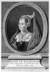Marie Burgundská (1457 - 1482), dcera Karla Smělého a manželka Maxmiliána Rakouského. 19. století rytina.