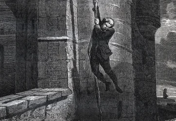 Masers De Latude na útěku z Bastily - Escape de la Bastille od Jeana Henryho, dit Danry, dit Masers de Latude (1725-1805) - rytina v „”Dictionnaire populaire llustrious”” - 1864 - Joseph Decembre a Edmond Allonier -