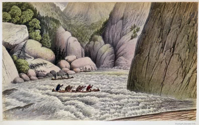 Muži v kanoistice Descending Rapids: “” Útěk ve čtvrté peřeji””” - v “”Exploration of the Labrador Peninsula”” od Hind, Londýn