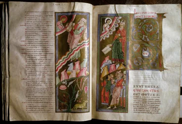 Mojžíš přijímající tabulky zákona Dvojstrana rukopisu „“Gebhardtova bible““ (Admont) (f.68v., 69r) Vídeňská národní knihovna Rakouska z 12. století