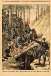 Horský manévr ve Vogézách praporu alpských myslivců s žádostí o schlitte, saně na těžbu dřeva. Rytina v „“ Le petit journal“ 19/07/1896. Selva sbírka.
