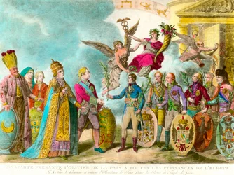 Napoleon Bonaparte (1769-1821) představuje olivovník míru všem mocnostem Evropy. Rytina 1801 Soukromá sbírka