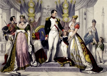Napoleonská dynastie v letech 1804 až 1815. Josefína, Napoleon I., král římský, Marie Louise. Rytina 19. století.