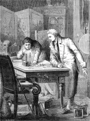 Nicholson a Carlisle rozkládají vodu pomocí Voltovy baterie, Londýn 2. května 1800