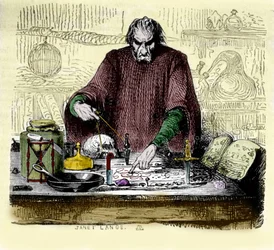Nicolas Flamel (1330 - 1418) ve své laboratoři.
