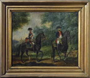 Důstojník a voják pluku Mestre de Camps v roce 1790, konec osmnáctého století (olej na plátně)