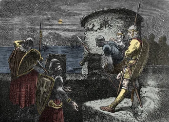 Na vyhlídce pro seveřany - varegue stráž (Varangian) pozoruje horizont za opevněním
