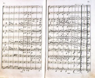 Strana prvního německého vydání partitury Symfonie č. 1 C dur německého skladatele Ludwiga van Beethovena (1770-1827) (1799-1800). Bonn