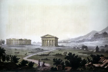 Obraz zobrazující chrámy Paestum, současné Capaccio.