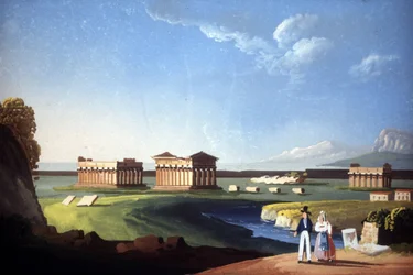 Obraz zobrazující chrámy Paestum, současné Capaccio.