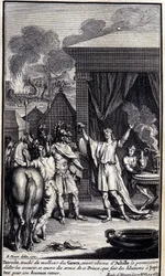 Patroklos se dotkne neštěstí Řeků, když získal od Achilla svolení je vydat a zachránit, kryje se zbraněmi tohoto prince, který provádí úlitby Jupiterovi za jeho šťastný návrat. Ilustrace knihy XVI z Iliady z H