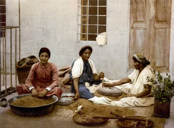 Rolníci formující pšenici v Jeruzalémě. Fotochrome SD. v letech 1890-1900.