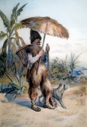 Představení Robinsona Crusoé, postavy ze stejnojmenného románu Daniela de Foe nebo Defoe (1660 - 1731)