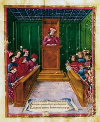Pietro da Unzola přednáší z právního textu žákům během právní přednášky na univerzitě v Bologni, miniatura z Liber práv a výsad notářů Boloňský rukopis, Itálie
