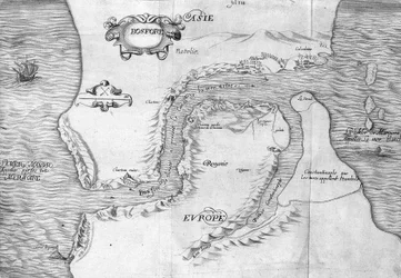 Plán znázorňující Konstantinopolský průliv (nyní Bosporský průliv (Bosporos) - v „“ Voyage de levant uskutečněné velením krále v roce 1621“, editováno v roce 1629 (za vlády Ludvíka XIII Le Juste)