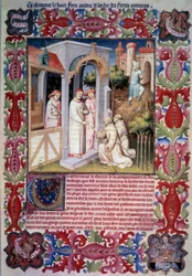 Papež Jan XXII. pověřil Odorika z Pordenone (františkána) posláním evangelizovat zámořské moře. Muži vedoucí koroptve do Trabzonu. Zbraně a emblém Jean bez obav. Zbraně Jean de Berry. Miniatura v „“ itineráriu. Kniha zázraků",