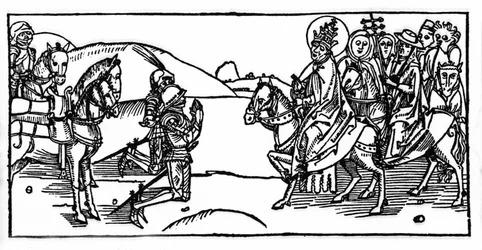Papež Lev I. se setkává s Attilou a zastaví ho - Rytina z „Leben der Heiligen - sommerteil“ (Kniha světce) od Jacoba (Jakuba) z Voragine (1228-1298). Lubeck 1488.