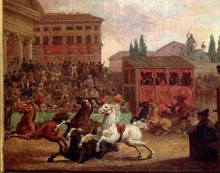 Populární slavnosti: „“ Závod (neboli palio) „“ Barberi““ Anonymní obraz z 18. století. Římské Museo del Folklore