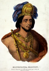 Portrét Moctezumy (nebo Montezumy) do poprsí, posledního císaře Mexika - ilustrace z 19. století n. l., dokument z 16. století