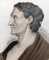 Portrét Aristotela známého jako Stagirita, řecky Aristoteles, řecký filozof (384 př. n. l. až 322 př. n. l.). Rytina z 19. století.