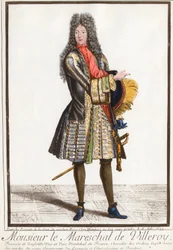 Portrét Francois de Neufville, vévoda z Villeroy (1644 - 1730), marechal z Francie. Rytina 18. století. Soukromá sbírka.