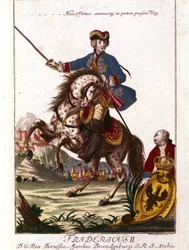 Portrét Fridricha II Pruského (1712-1786) známého jako Fridrich Veliký. Rytina 18. století. .
