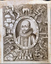 Portrét Giambattisty (Jan Křtitel, Jan Křtitel) della Porta (1535 - 1615) na průčelí „Magiae Naturalis““. 17. století.