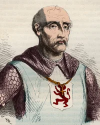 Portrét Gui nebo Guy de Dampierre (1226-1305) hrabě z Flander a hrabě z Namuru - rytina z roku 1868 v „Dějinách Belgie od primitivních dob do konce vlády Leopolda I.“““ od Theodora Justeho (1818-1888) ). Soukromá sbírka.