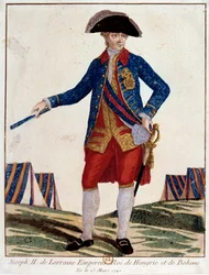 Portrét Josefa II. Lotrinského (1741 - 1790), císaře Svaté germánské říše, císaře rakouského, uherského krále Bohémy. Rytina 18. století. Paříž, Musee Carnavalet