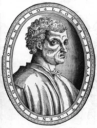 Portrét Léona Battisty Albertiho (1404 - 1472), italského humanisty a architekta, sd rytina.
