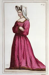 Portrét Marguerite de Sassenage, lady z Beaumontu (1449 cca - 1491). Paní Ludvíka XI. Rytina z roku 1830.