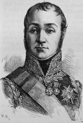 Portrét Nicolase Oudinota, vévody z Reggia (1767 - 1847). Rytina konce 19. století v „Histoire de France““ od H. Martina.