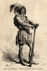 Portrét Osceoly (1804-1838), vůdce Seminolů stojícího v čele indiánského odporu proti Spojeným státům během války na Floridě (1835-1842). Rytina ilustrující vyprávění Čtyři měsíce na Floridě od Achilla Pousselgua z let 1851-1852, vydáno