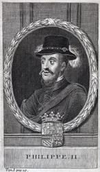 Portrét Filipa II. Španělského (Felipe) (1527-1598), krále Španělska a Portugalska. Rytina k ilustraci „Historie války o Flandry“, od Flamianus Strada, vydání Joseph T